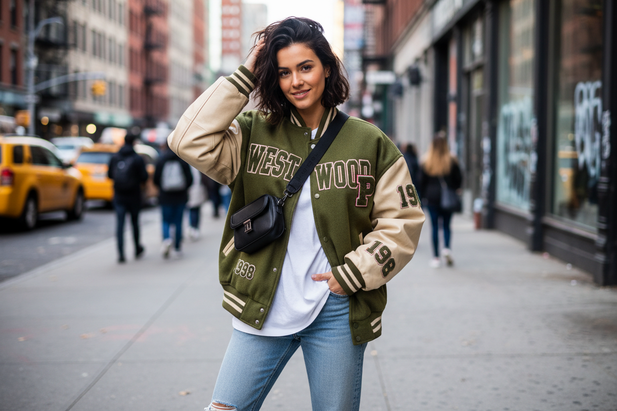 Olive Beige Varsity Jacket